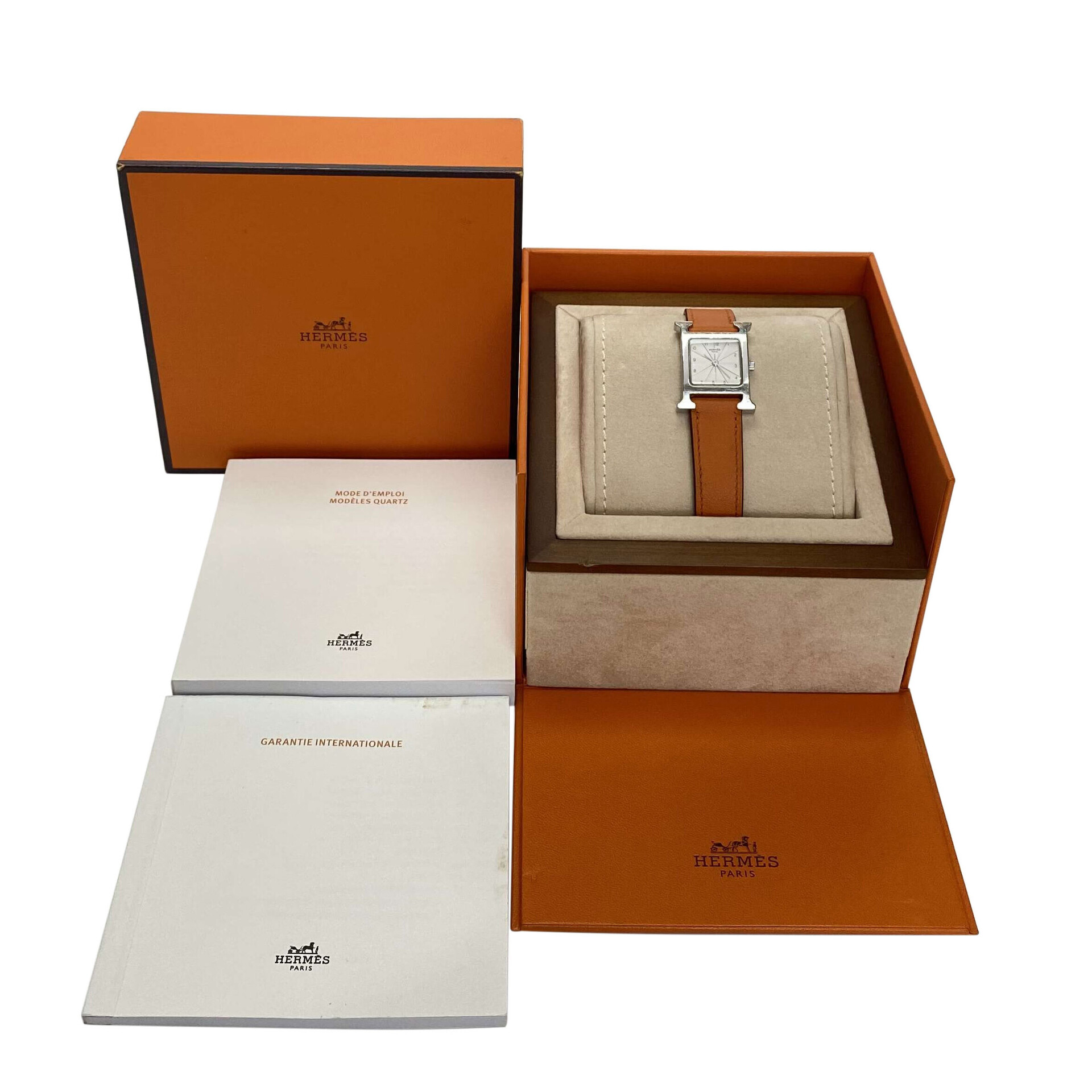 Relógio Hermès H Pulseira Couro Laranja