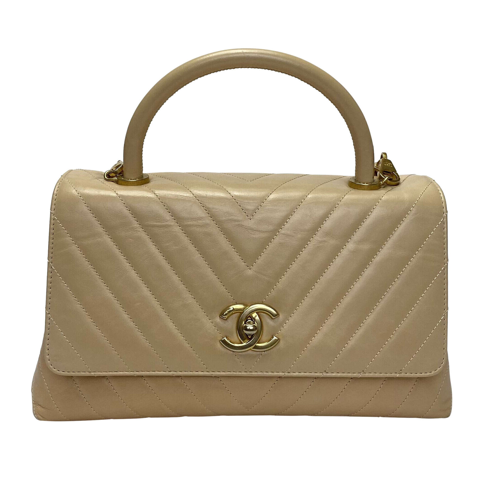 Bolsa Chanel Chevron Handle Bag Flap Nude