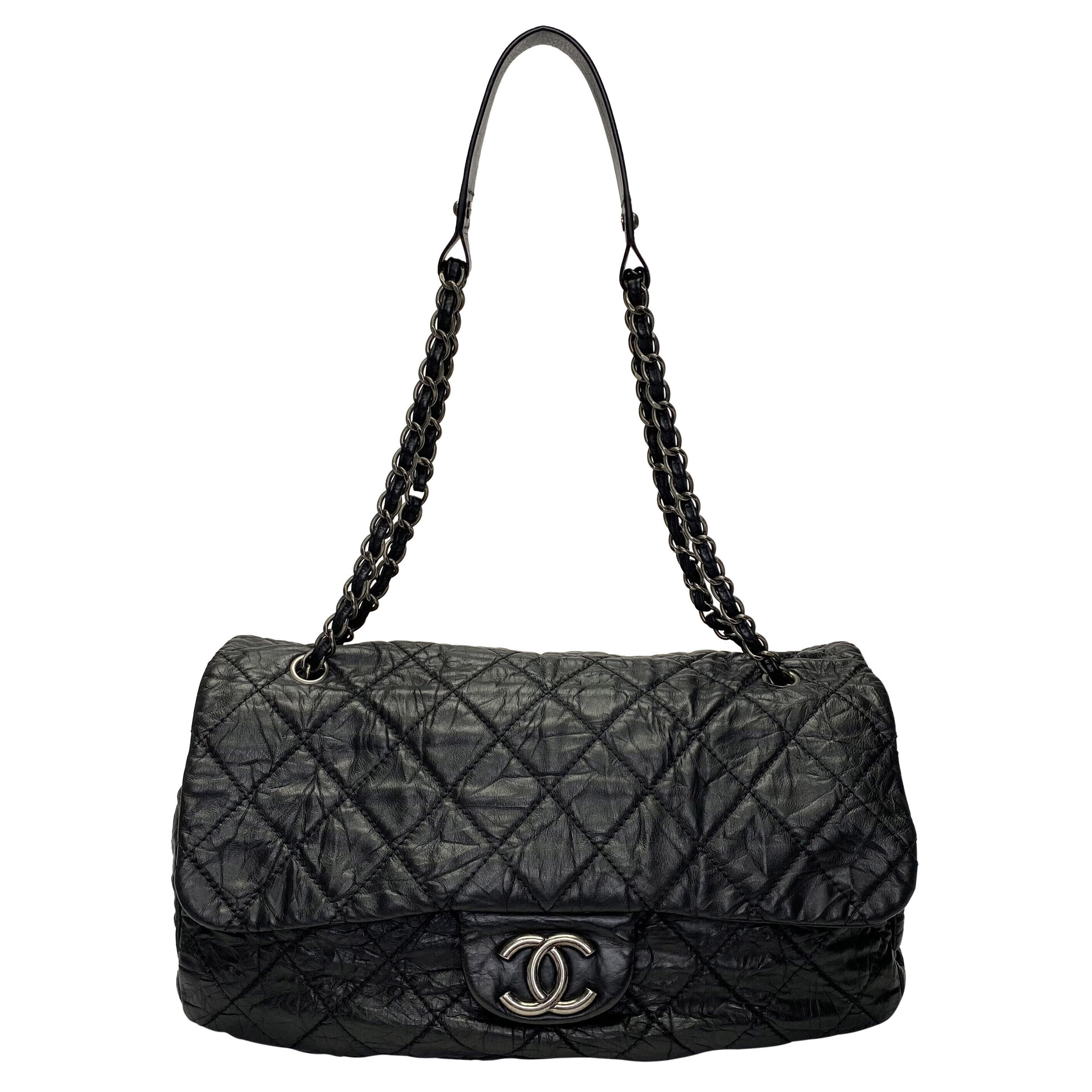 Bolsa Chanel Flap Bag Large Black Crinkled Leather