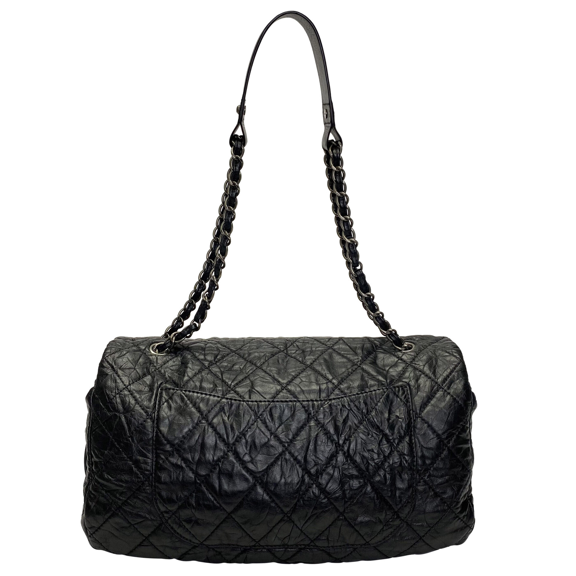 Bolsa Chanel Flap Bag Large Black Crinkled Leather