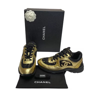 Tênis Chanel Tweed Preto e Dourado